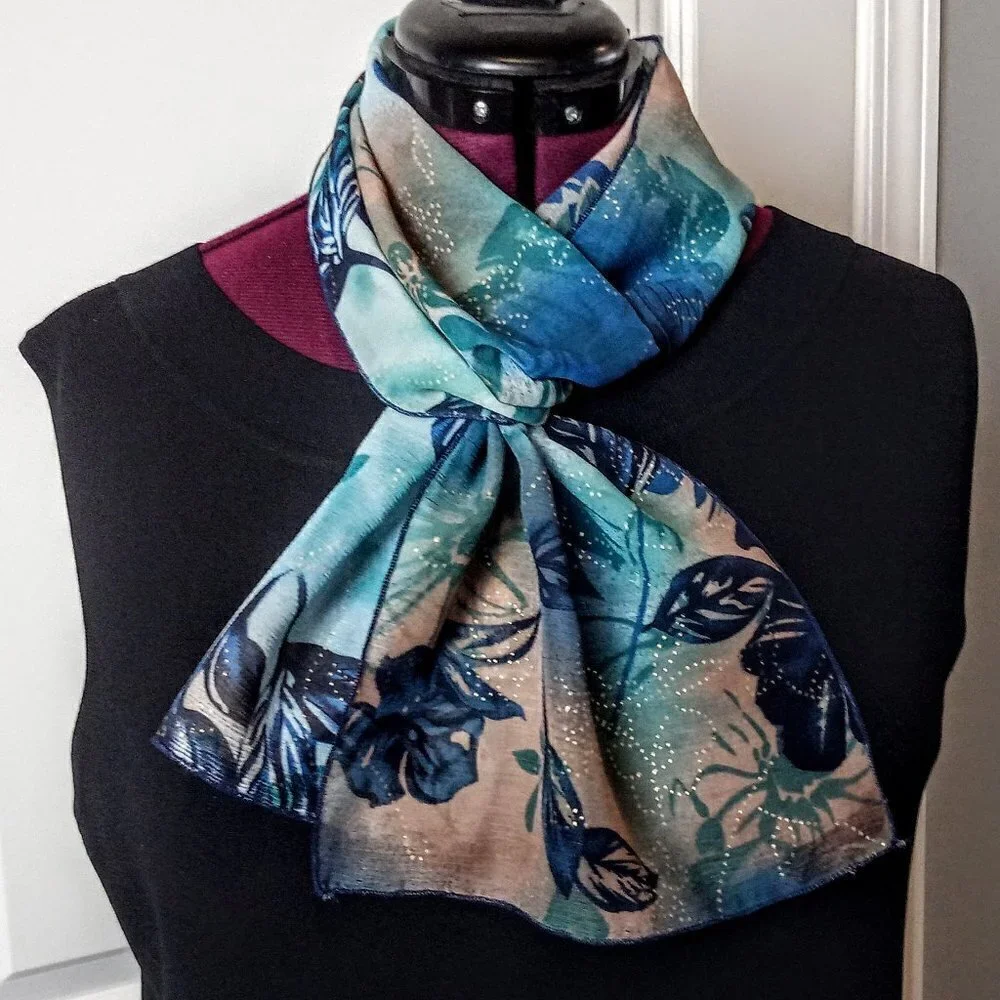 Teal Blue, Tan & Gold Dot Sheer Oblong Scarf